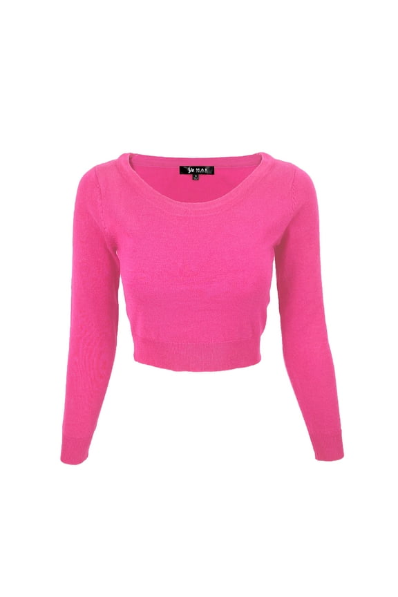 Women's Stretch Crop Top Pullover Sweater - Long Sleeve Slim Bodycon Crewneck Basic Casual Pullover Solid Cropped Knit Top MK3637-RPK-S