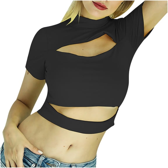 Women's Stretch Cutout Yoga Sports Tee Short Sleeve Crop Top T Shirts Casual Mock Neck Fitted Tight Slim Work Blouse