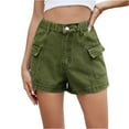 thumbnail image 1 of Women's Stretch Denim Casual Shorts - Button Flap Pockets & Elastic Waistband, Faded Solid Color Retro Jean Shorts for Daily Wear,Army Green L, 1 of 5