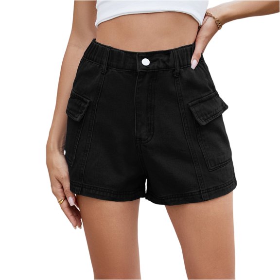 Women's Stretch Denim Casual Shorts - Button Flap Pockets & Elastic Waistband, Faded Solid Color Retro Jean Shorts for Daily Wear,Black 2XL