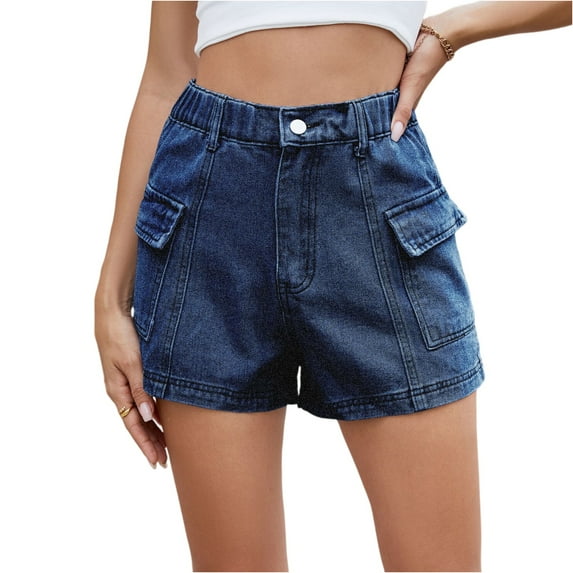 Women's Stretch Denim Casual Shorts - Button Flap Pockets & Elastic Waistband, Faded Solid Color Retro Jean Shorts for Daily Wear,Dark Blue L