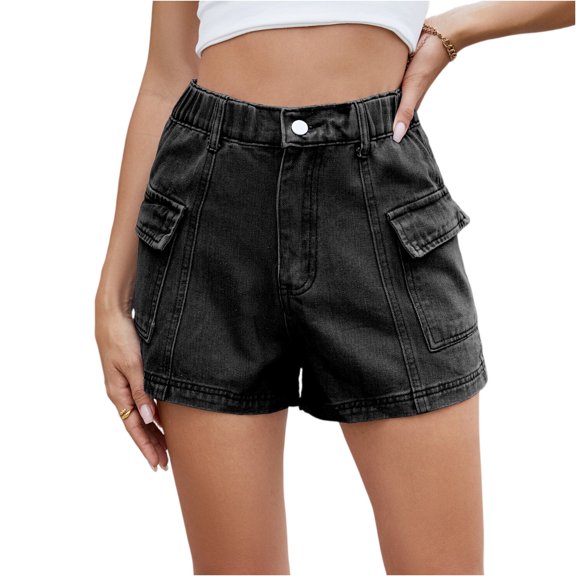Women's Stretch Denim Casual Shorts - Button Flap Pockets & Elastic Waistband, Faded Solid Color Retro Jean Shorts for Daily Wear,Dark Gray 2XL
