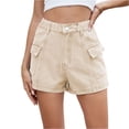 thumbnail image 1 of Women's Stretch Denim Casual Shorts - Button Flap Pockets & Elastic Waistband, Faded Solid Color Retro Jean Shorts for Daily Wear,Khaki S, 1 of 5
