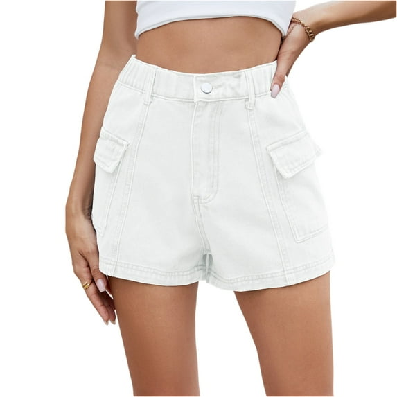 Women's Stretch Denim Casual Shorts - Button Flap Pockets & Elastic Waistband, Faded Solid Color Retro Jean Shorts for Daily Wear,White M