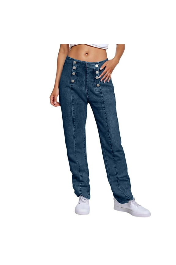 Women's Stretch Denim Jeans High Waist Slim Fit Double Button Front Casual Pants For Daily Wear And Outings Comfortable Trousers