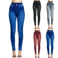 thumbnail image 1 of Women's Stretch Denim Leggings with Pockets Fake Jean Leggings High Waist Seamless Stretchy Jeggings Pants Black Free Size, 1 of 5