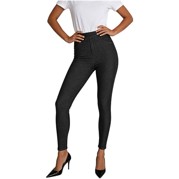 Women's Stretch Denim-Look Capris Jeggings - Faux Jeans Leggings with Real Pockets & Elastic High WaistWorkout Leggings For Women