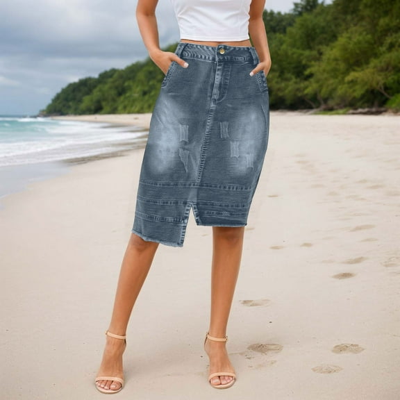 Women's Stretch Denim Pencil Skirt High Waist Knee Length Bodycon Casual Party Wear Comfortable Fashion Skirt For Spring Summer Ruched Skirts for Women Latex Skirt Pencil Skirts for Women below Knee