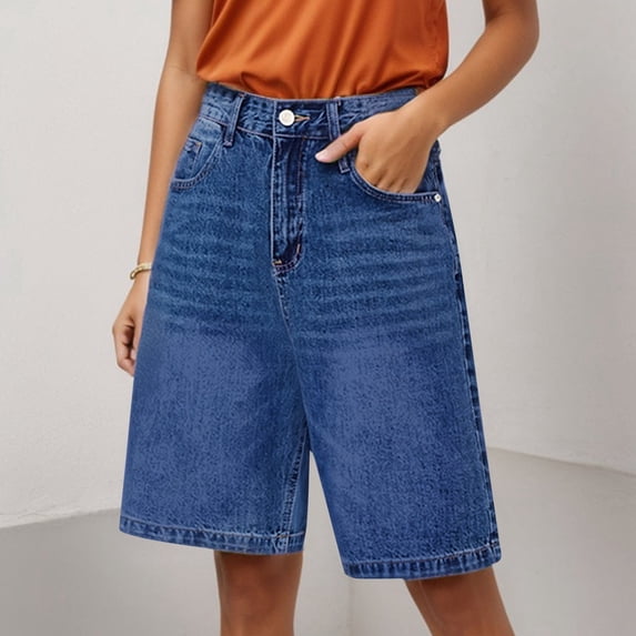 Women's Stretch Denim Shorts Loose Fit Comfortable Mid Length Casual Summer 5 Pocket Design