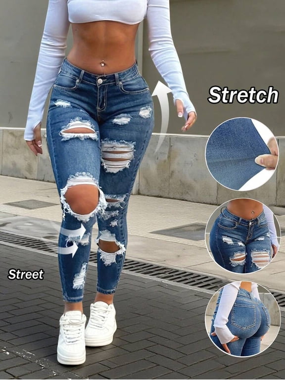 Women's Stretch Distressed Skinny Jeans, High Waist Ripped Pants for Y2K Street Daily Wear