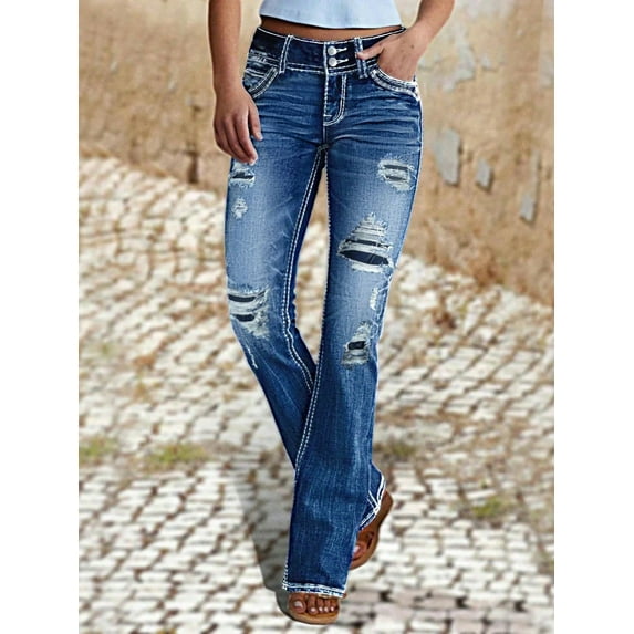 Women's Stretch Flare Jeans High Waisted Bootcut Denim Pants Vintage 70s Retro Bell Bottom Jeans With Distressed Holes Sexy Fashionable Trendy