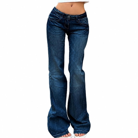 Women's Stretch Flare Jeans, Mid Rise Washed Denim Bell Bottom Pants, S-L