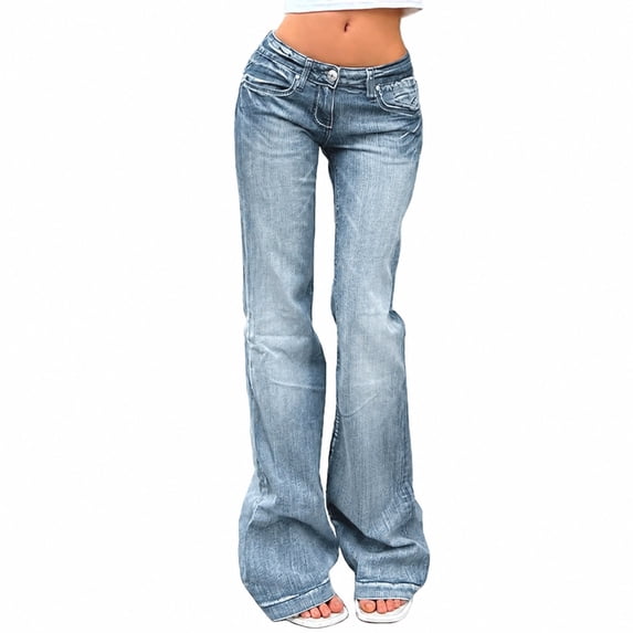 Women's Stretch Flare Jeans, Mid Rise Washed Denim Bell Bottom Pants, S-L