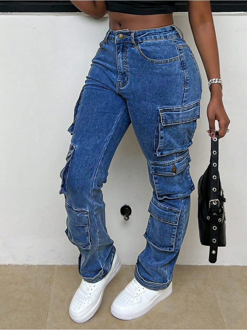 Women's Stretch Flared Cargo Jeans Multi Pockets Long Denim Pants