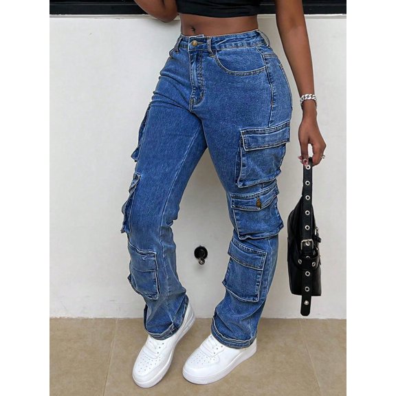Women's Stretch Flared Cargo Jeans Multi Pockets Long Denim Pants Retro Bell Bottom Work Pants Utility Zip Button Closure