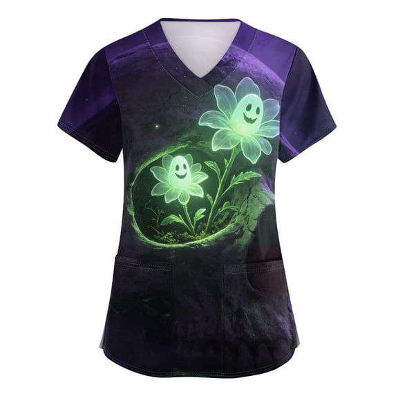Women's Stretch Halloween Scrubs Tops, Breathable V-Neck Short Sleeve Nurse Tops Uniform with Pockets Purple Pink XL