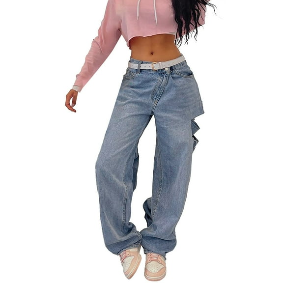 JIKNTTR Comfort Womens Jeans Casual Fashion Waist Low Waist Ripped Loose Button Tooling Jeans Trendy Denim Pants