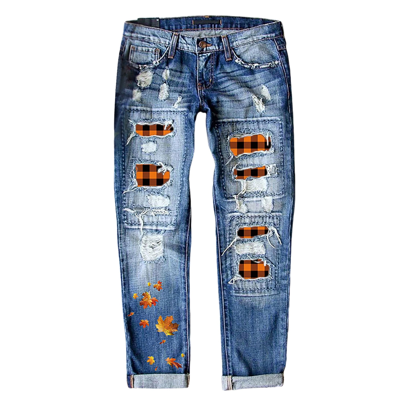 Women s Stretch Jeans Mid Rise Distressed Maple Leaf Red Checkered Printed Patch Straight Pant Relaxed Trendy Elastic Waist Trousers Slim Fit Denim Pants with Pockets Walmart