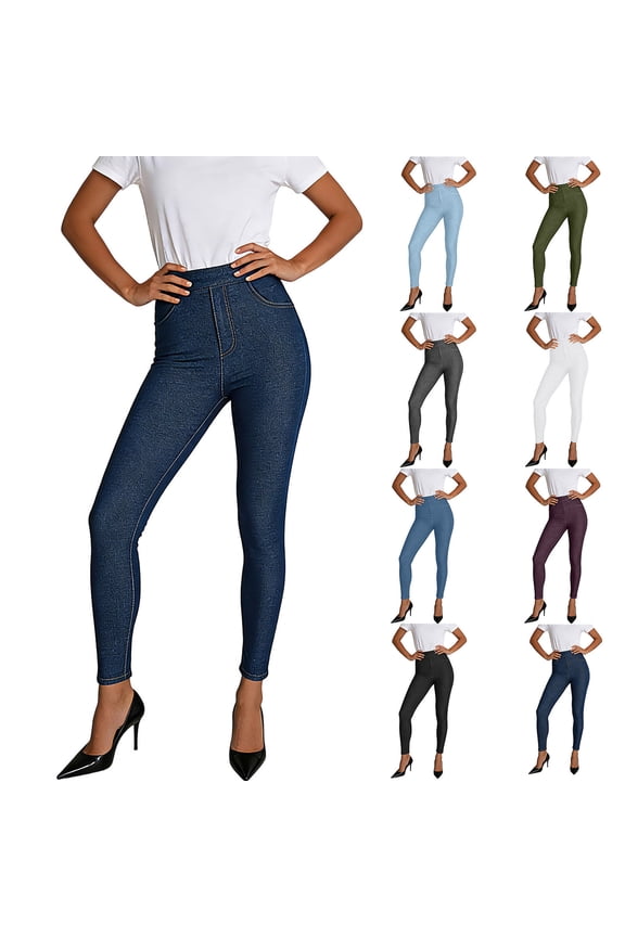 Women's Stretch Jeggings with Front Pockets Mid Rise Skinny High Waisted Tummy Control Faux Jeans Pants Plus Size Army Green Pant,Size S-3XL