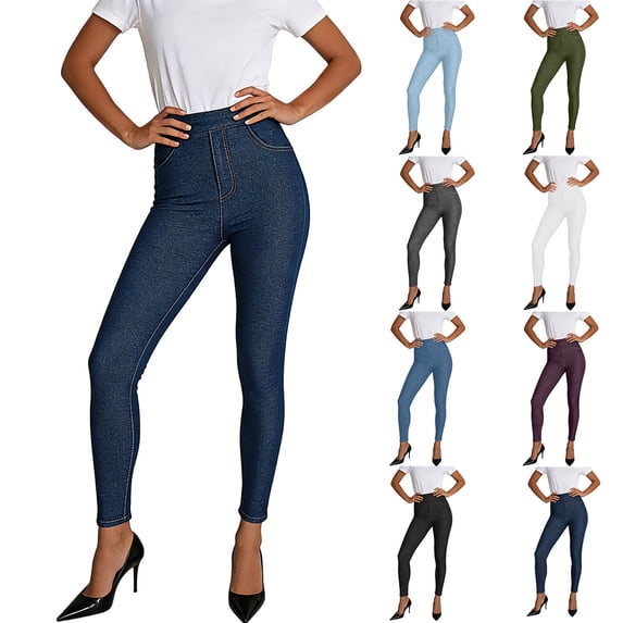 Women's Stretch Jeggings with Front Pockets Mid Rise Skinny High Waisted Tummy Control Faux Jeans Pants Plus Size Blue Pant,Size S-3XL