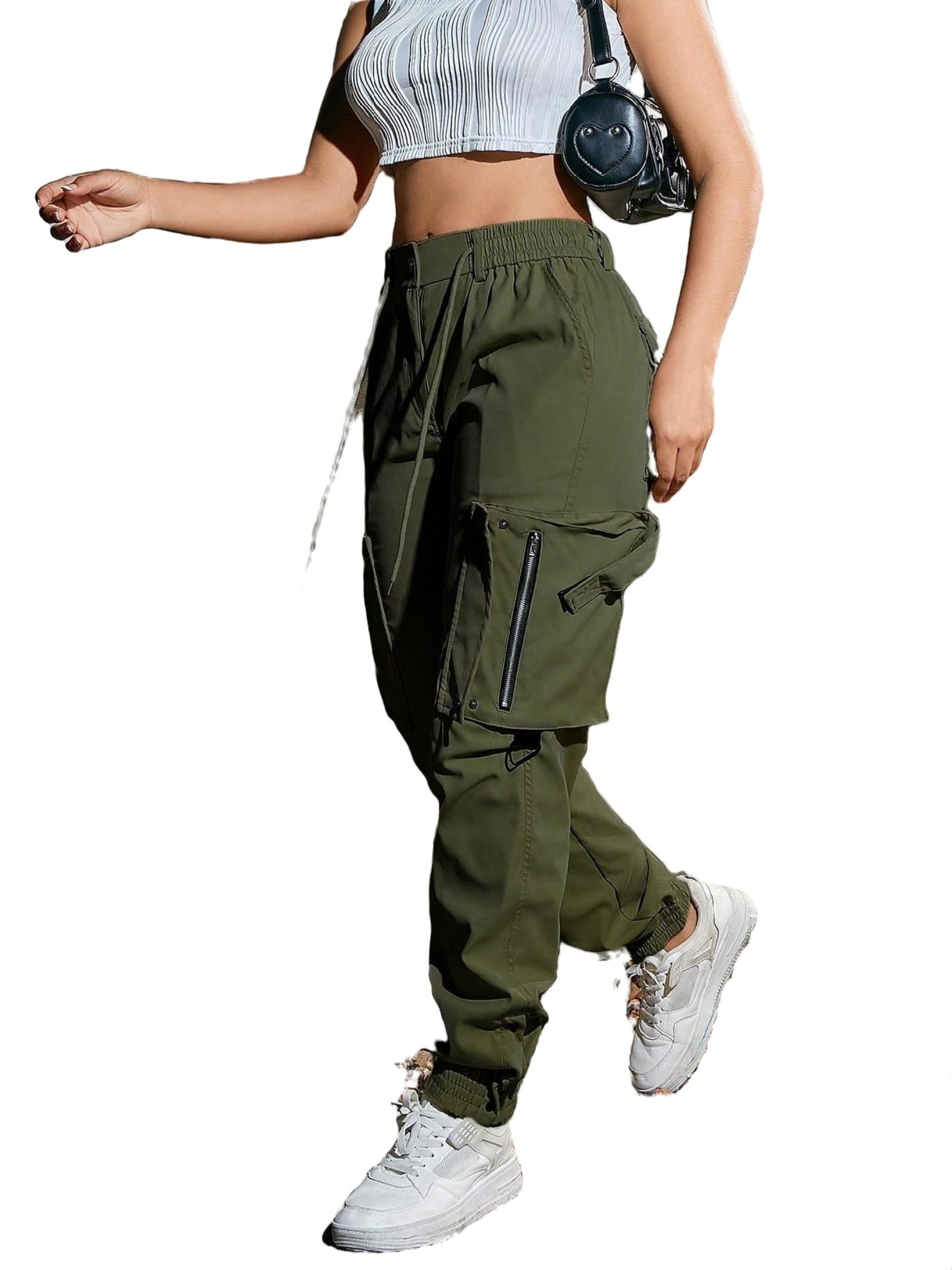 Elastic Waist Drawstring Flap Pocket Zipper Detail Metal