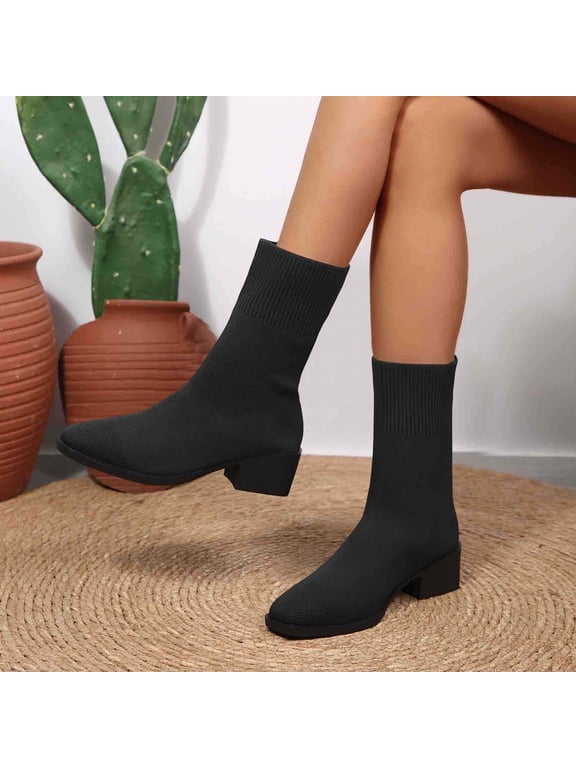 Women's Stretch Knit Sock Ankle Boots, Square Toe Low Block Heel Slip-On Fashion Booties for Office Street Daily Fall Winter Outfits Black 42