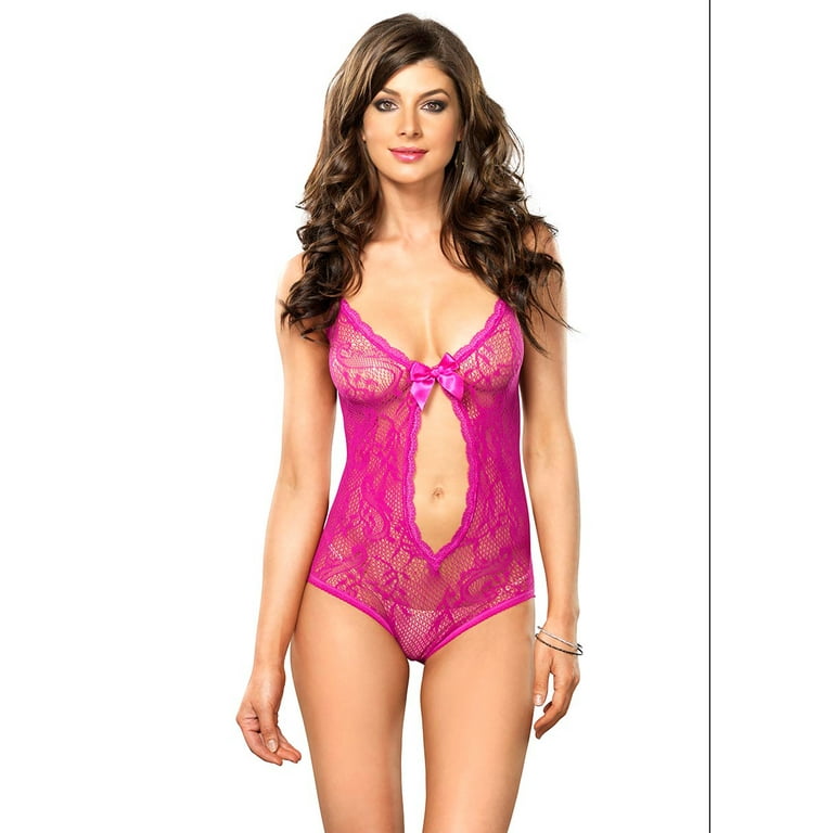 Women's Stretch Lace Teddy, Hot Pink, One Size