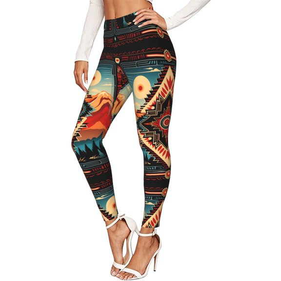 Women's Stretch Leggings, 4-Way Stretch Soft Yoga Pants, Aztec Baja Southwest Western Native Cool Print