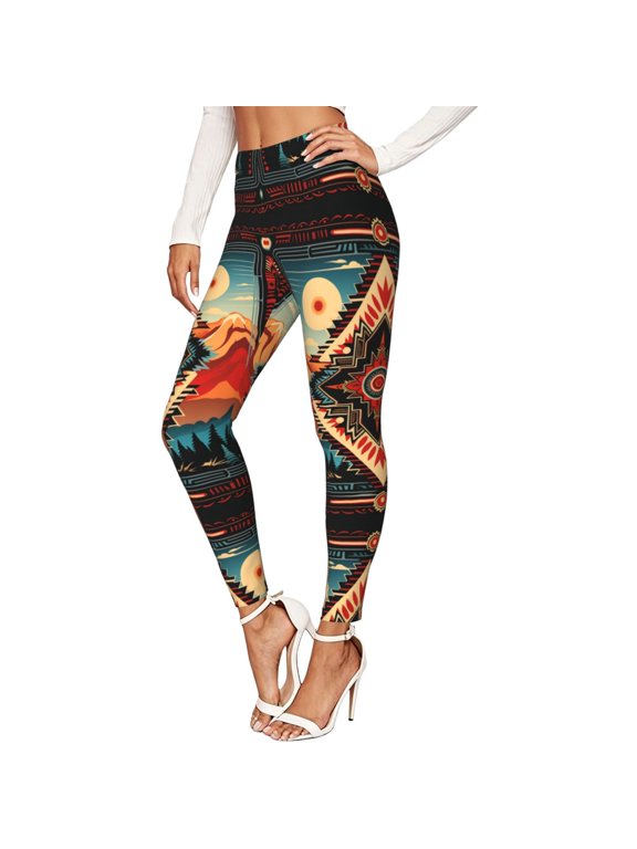 Women's Stretch Leggings, 4-Way Stretch Soft Yoga Pants, Aztec Baja Southwest Western Native Cool Print