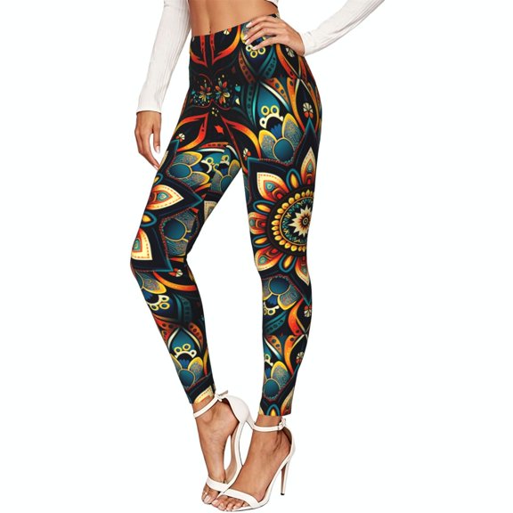 Women's Stretch Leggings, 4-Way Stretch Soft Yoga Pants, Ethnic Mandala Bohemianflower Print