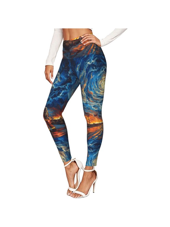 Women's Stretch Leggings, 4-Way Stretch Soft Yoga Pants, Firefighter Cartoon Sky Art Print