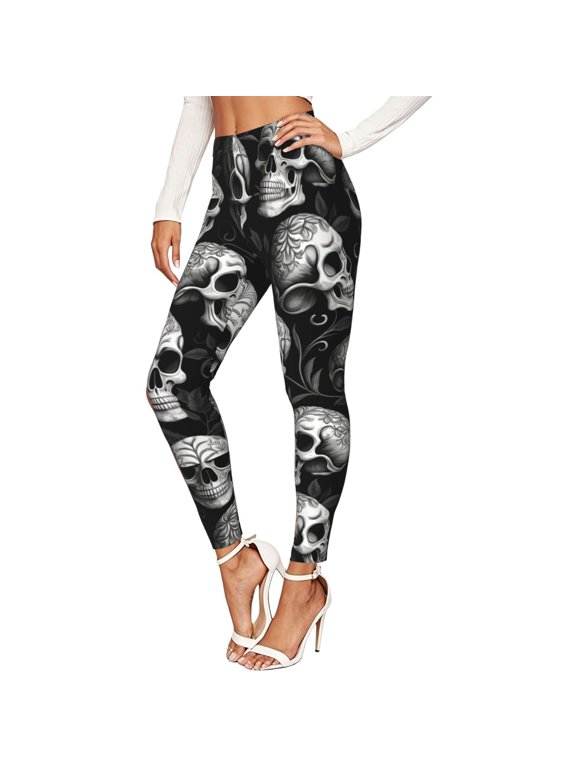 Women's Stretch Leggings, 4-Way Stretch Soft Yoga Pants, Gothic Skulls Head Black Skull Print