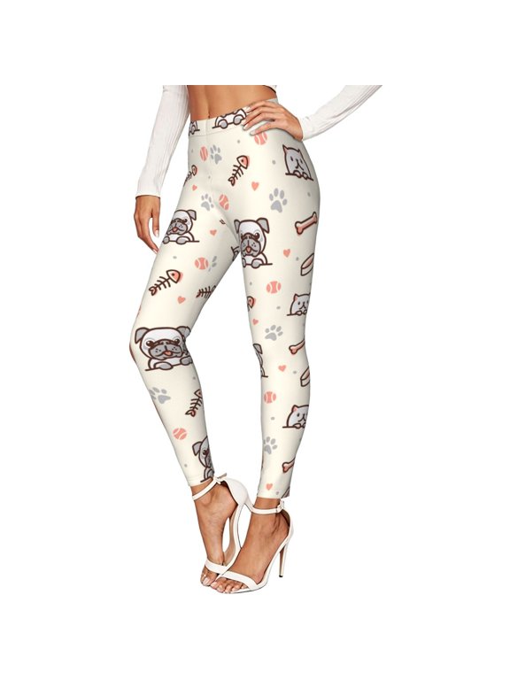 Women's Stretch Leggings, 4-Way Stretch Soft Yoga Pants, Pug Dog Cat Fish Bones Prints Ball Print