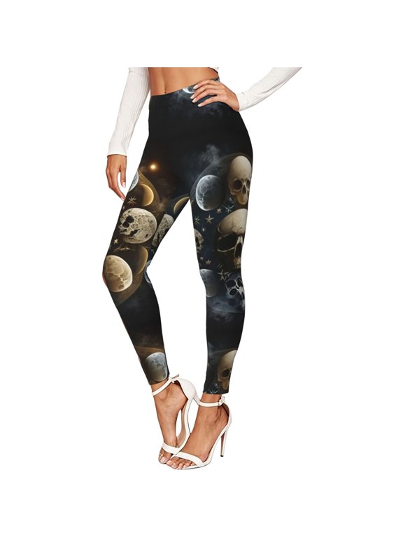Women's Stretch Leggings, 4-Way Stretch Soft Yoga Pants, Skull Head Magic Moon Phases Print