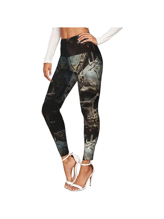 Women's Stretch Leggings, Workout Pants for Yoga, Running, Cool Skull Head Gothic Death Print