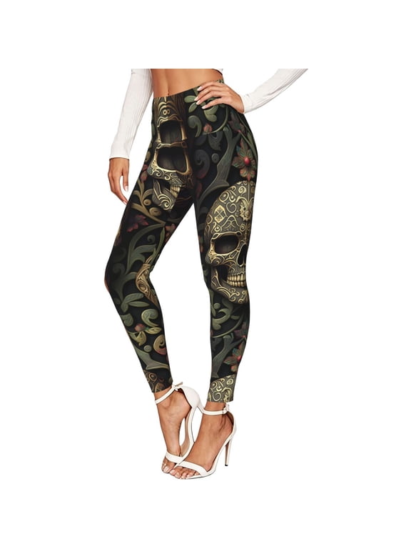 Women's Stretch Leggings, Workout Pants for Yoga, Running, Skulls Head Gothic Golden Skull Print
