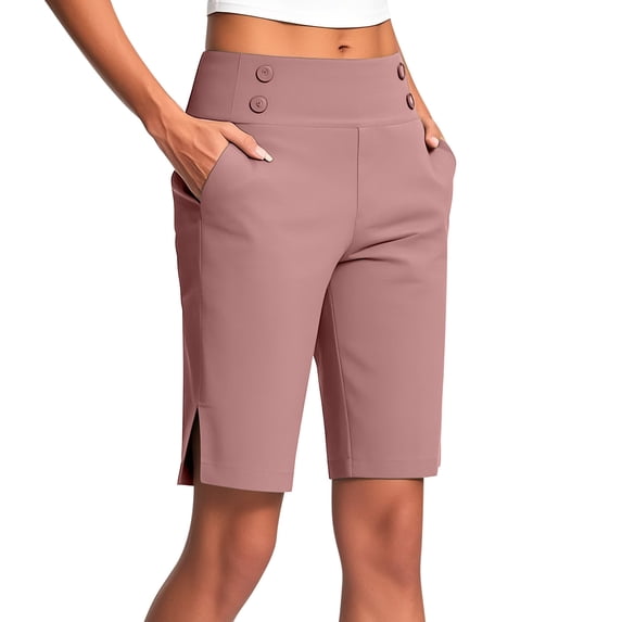 Women's Stretch Long Shorts Yoga Workout Quick Dry Button High Waist Pockets Dressy Casual Pull On Pant with Slit (XL, Pink)