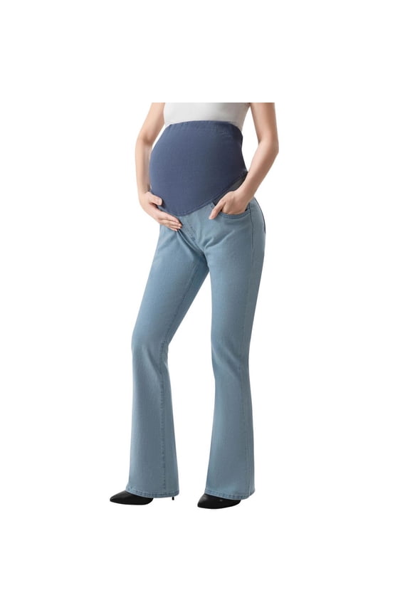 Women's Stretch Maternity Bootcut Jeans with Pockets Over The Belly Bell Bottoms Flare Denim Pants Boyfriend Pregnancy Clothes