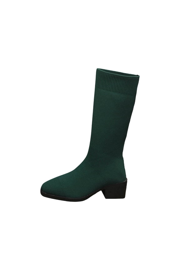 Women’s Stretch Mesh Fabric Knee High Sock Boots, Breathable Slip On Chunky Block Heel Comfortable Versatile Long Sock Booties Size 36-43 Army Green