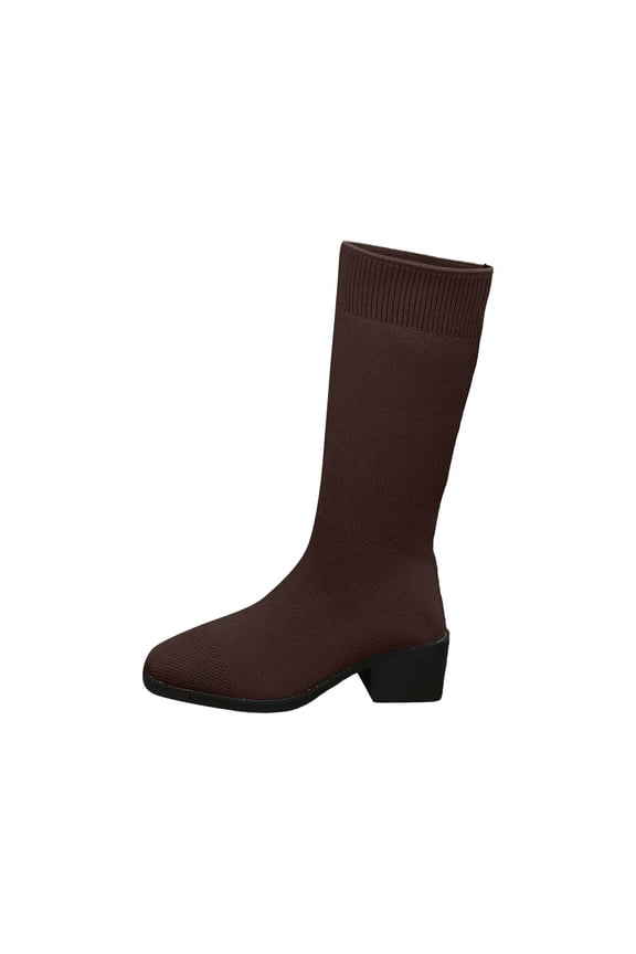 Women’s Stretch Mesh Fabric Knee High Sock Boots, Breathable Slip On Chunky Block Heel Comfortable Versatile Long Sock Booties Size 36-43 Coffee
