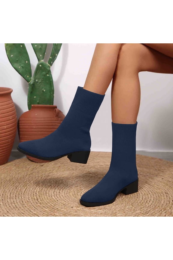 Women's Stretch Mesh Sock Ankle Booties Chunky Mid Block Heel Slip On Knit Stretch Solid Color for Casual Outfits Autumn Fashion Dark Blue 36