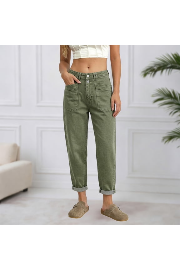 Women's Stretch Mid Rise Straight Leg Jeans Green Button Detail Slanted Pockets Design Comfortable All Season Denim Pants Casual Slim Fit Daily Wear Trousers Green L