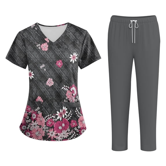 Women's Stretch Printed Medical Scrub Set V Neck Pocket Top Drawstring Jogger Cargo Pants Quick Dry Cute Nursing Uniform Suits Gray L