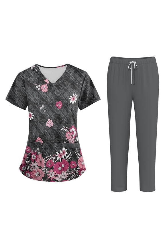 Women's Stretch Printed Medical Scrub Set V Neck Pocket Top Drawstring Jogger Cargo Pants Quick Dry Cute Nursing Uniform Suits Gray L