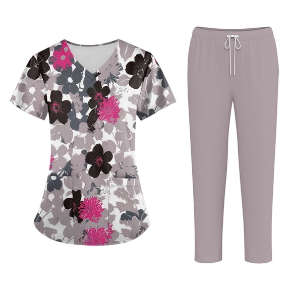 Women's Stretch Printed Medical Scrub Set V Neck Pocket Top Drawstring Jogger Cargo Pants Quick Dry Cute Nursing Uniform Suits Light Gray S