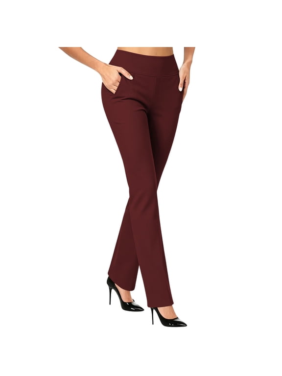 Women's Stretch Pull On Bootcut Dress Pants Elastic High Waist Slim Fitted Slacks Business office Work Casual Trousers with Pockets Wine