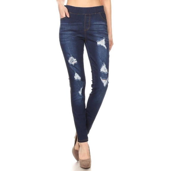 Women's Stretch Pull On Jeans Ripped Distressed Skinny Denim Jeggings Size Large / Dark Blue Wash