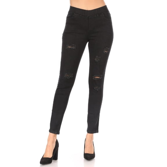 Women's Stretch Pull On Jeans Ripped Distressed Skinny Denim Jeggings Size Large / Washed Black