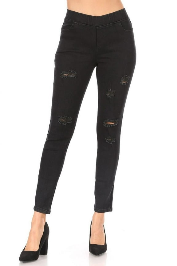 Women's Stretch Pull On Jeans Ripped Distressed Skinny Denim Jeggings Size Large / Washed Black