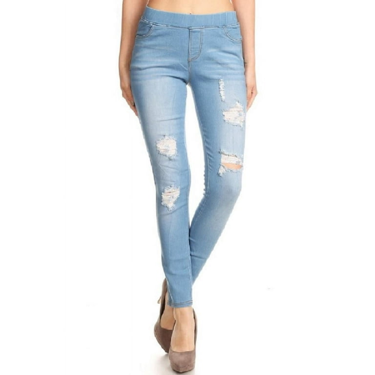 Women s Stretch Pull On Jeans Ripped Distressed Skinny Denim Jeggings Size M Light Wash